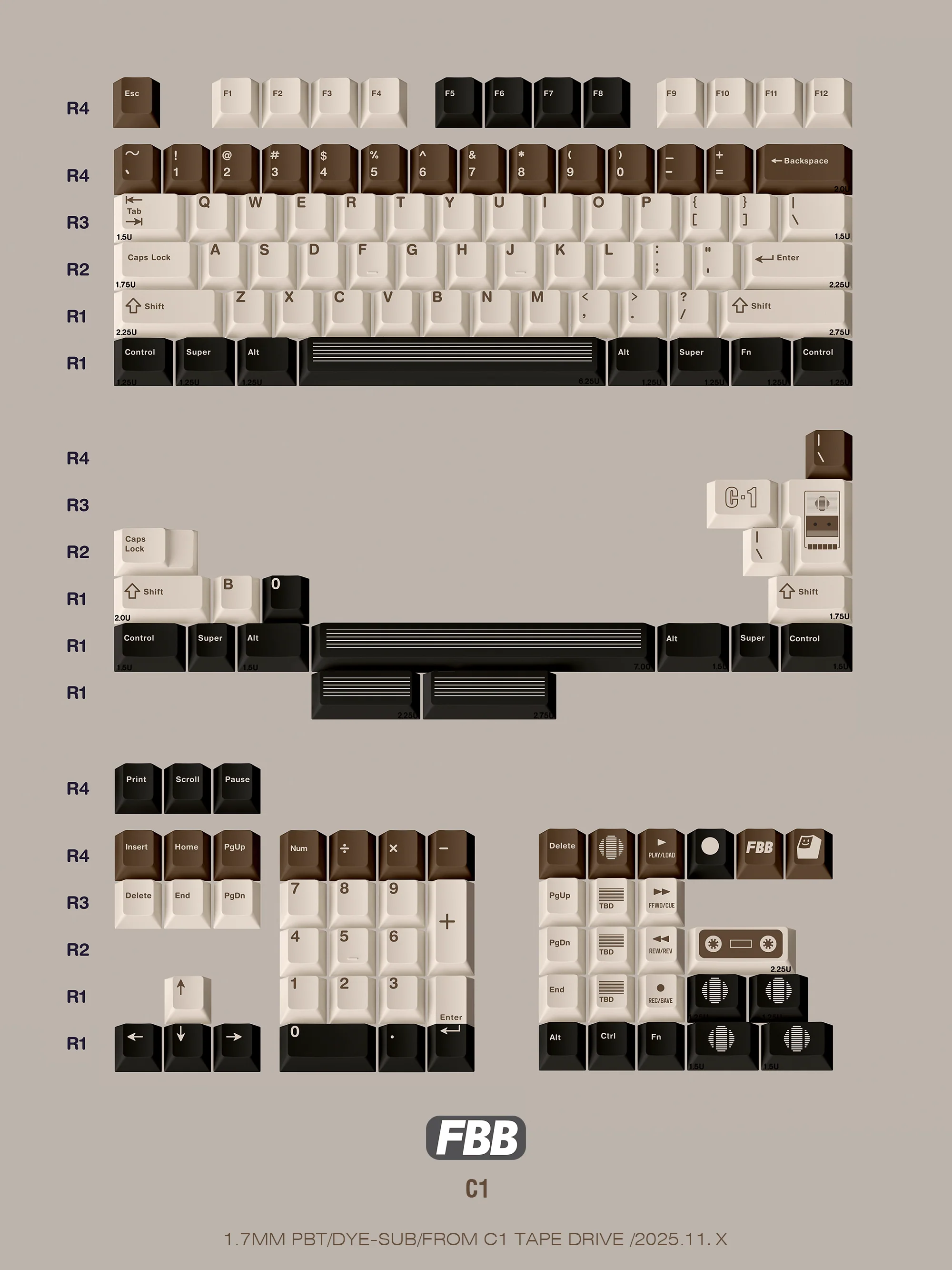 FBB - C1 Retro Tape Coffee Brown Original Keycap Set - Image 7
